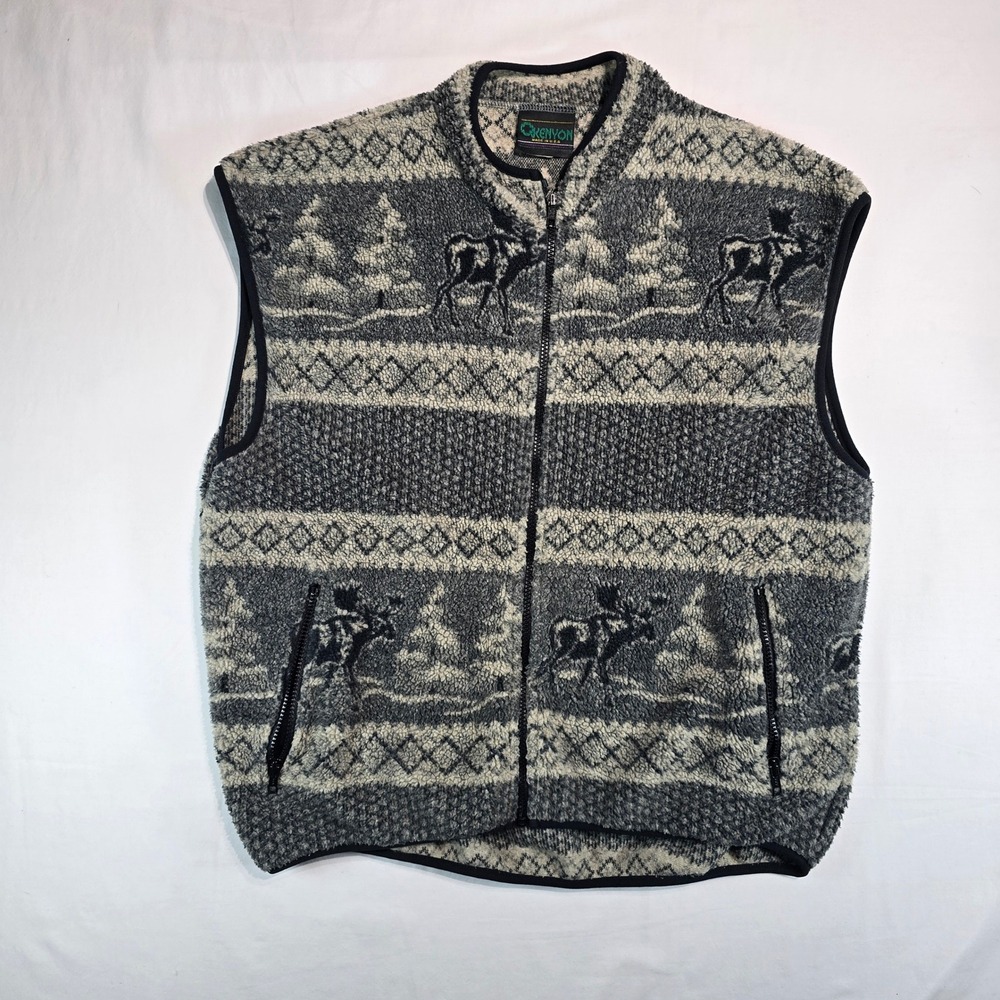 Kenyon Vintage Moose Fleece Vest Grey Full Zip Outdoor Cabin Made in USA XL